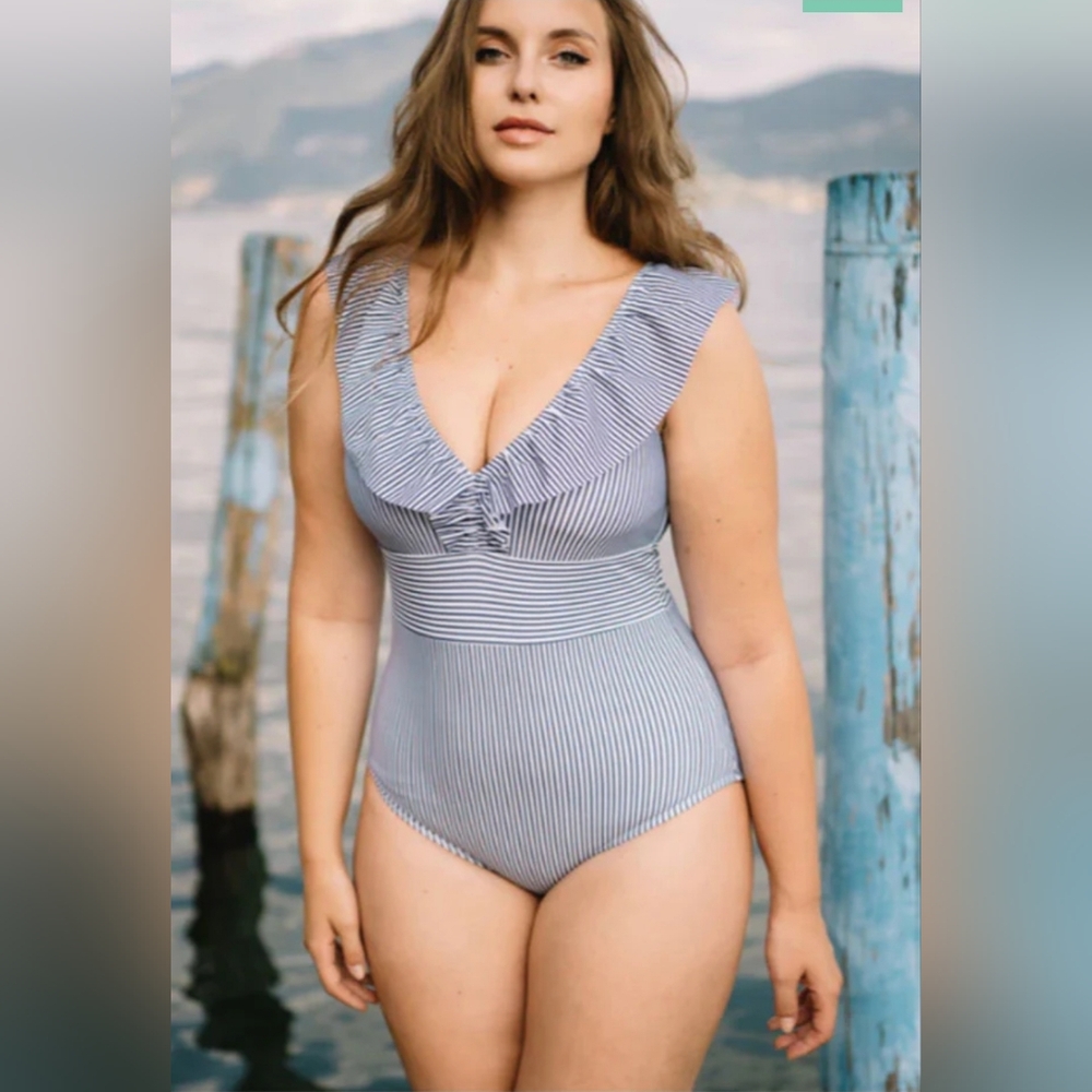 Aava Oceane One Piece Swimsuit 3XL Womens Blue Striped Ruffle Bathing Suit NWOT